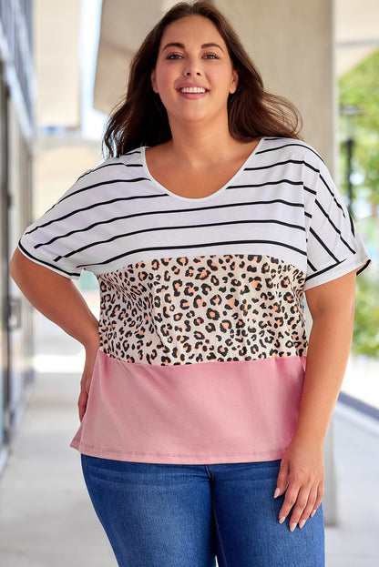 Plus Size Striped Leopard Round Neck Half Sleeve T-Shirt - Casual & Comfortable