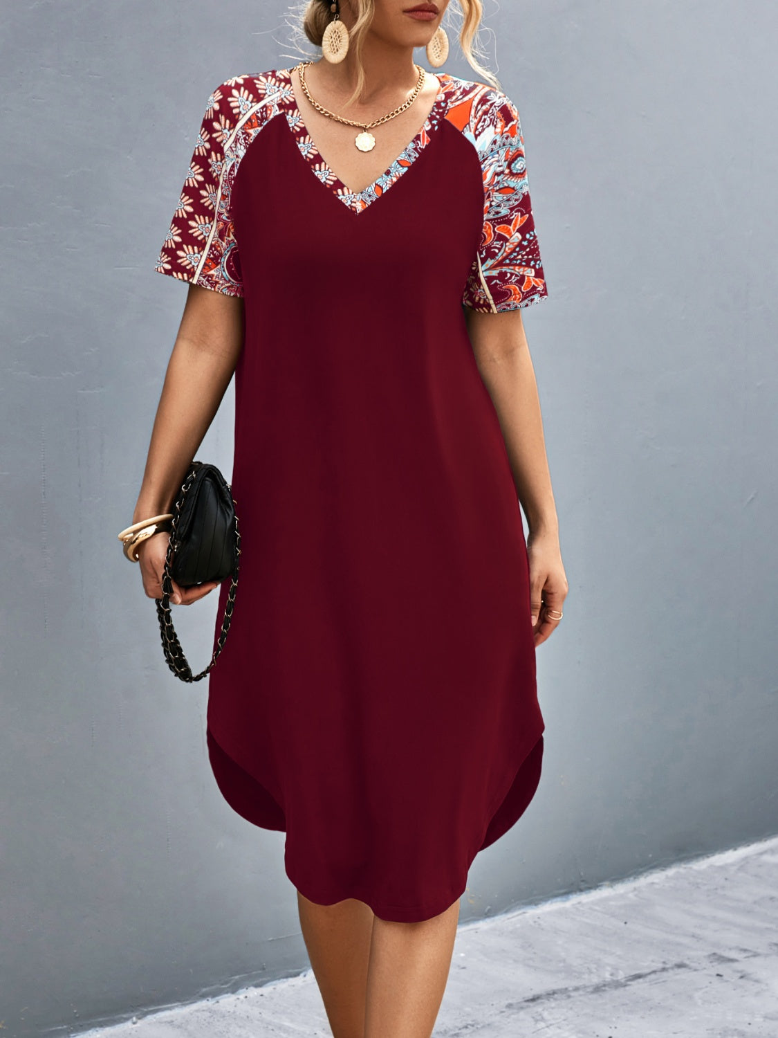 Printed V-Neck Short Sleeve Dress Burgundy