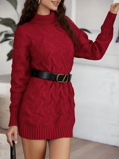 Cable-Knit Turtleneck Sweater Dress Burgundy