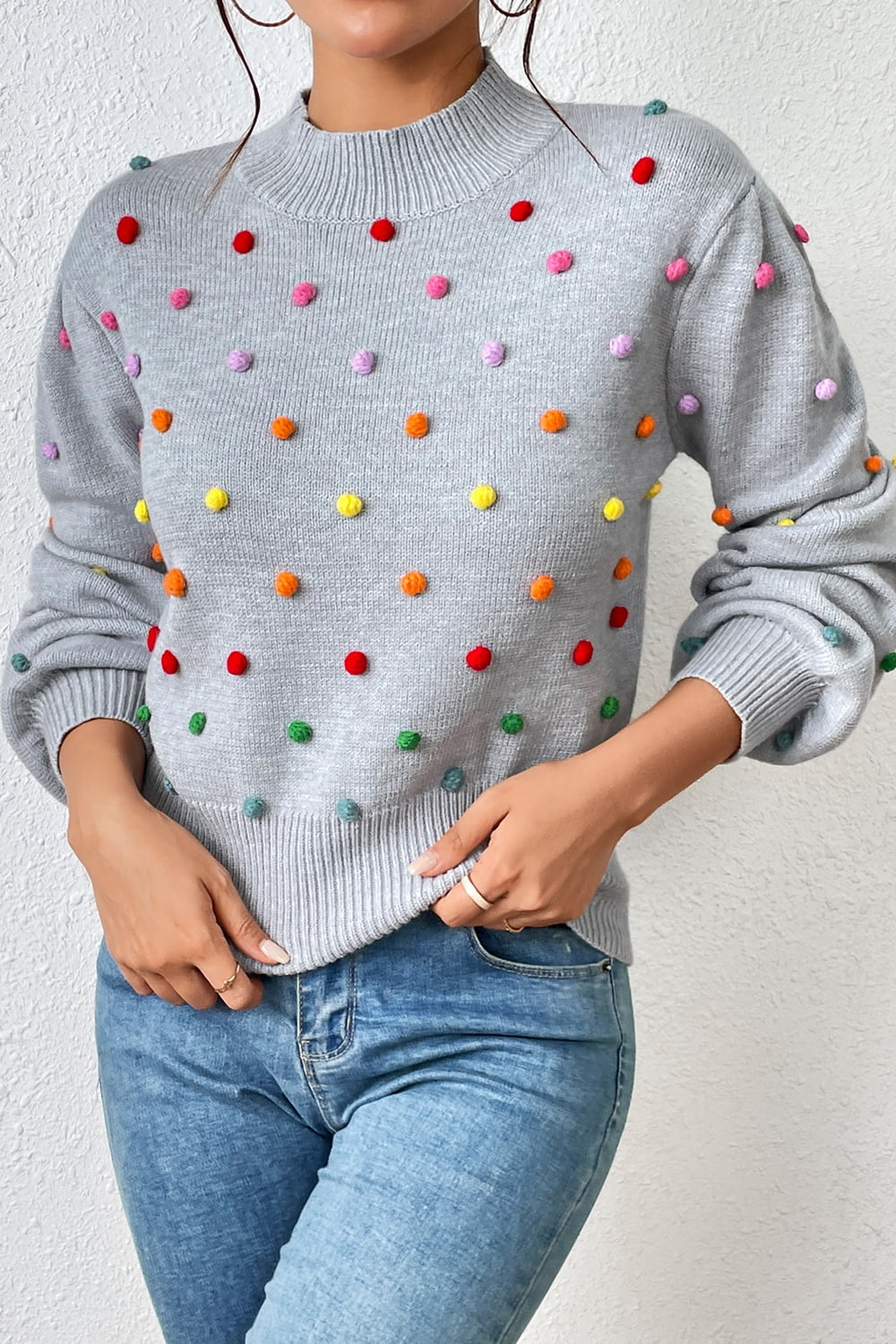 Pom-Pom Trim Mock Neck Long Sleeve Pullover Sweater Light Gray