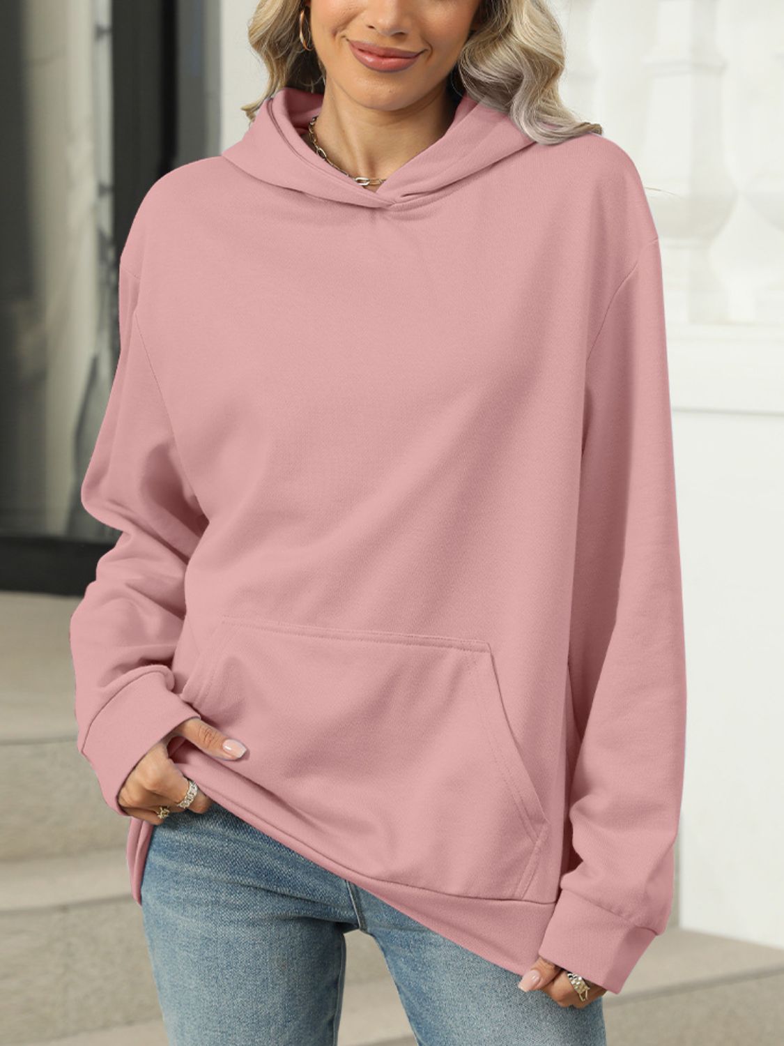 Pocketed Long Sleeve Hoodie Dusty Pink