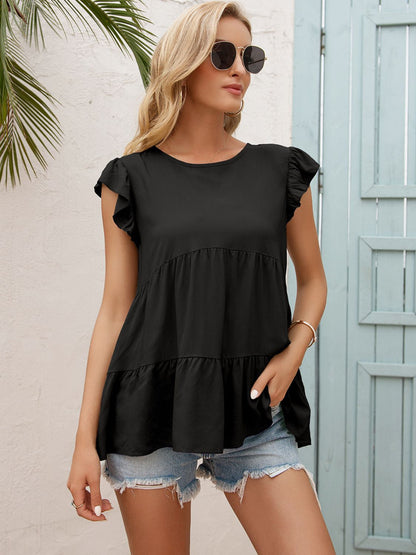 Round Neck Flutter Sleeve Tiered Blouse Black