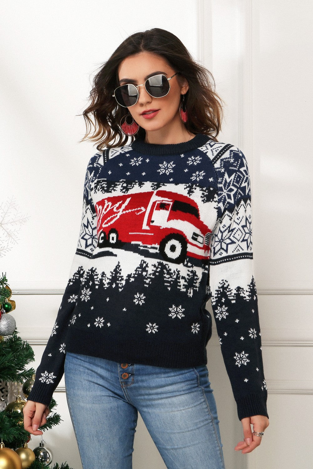 HAPPY Christmas Raglan Sleeve Sweater Navy