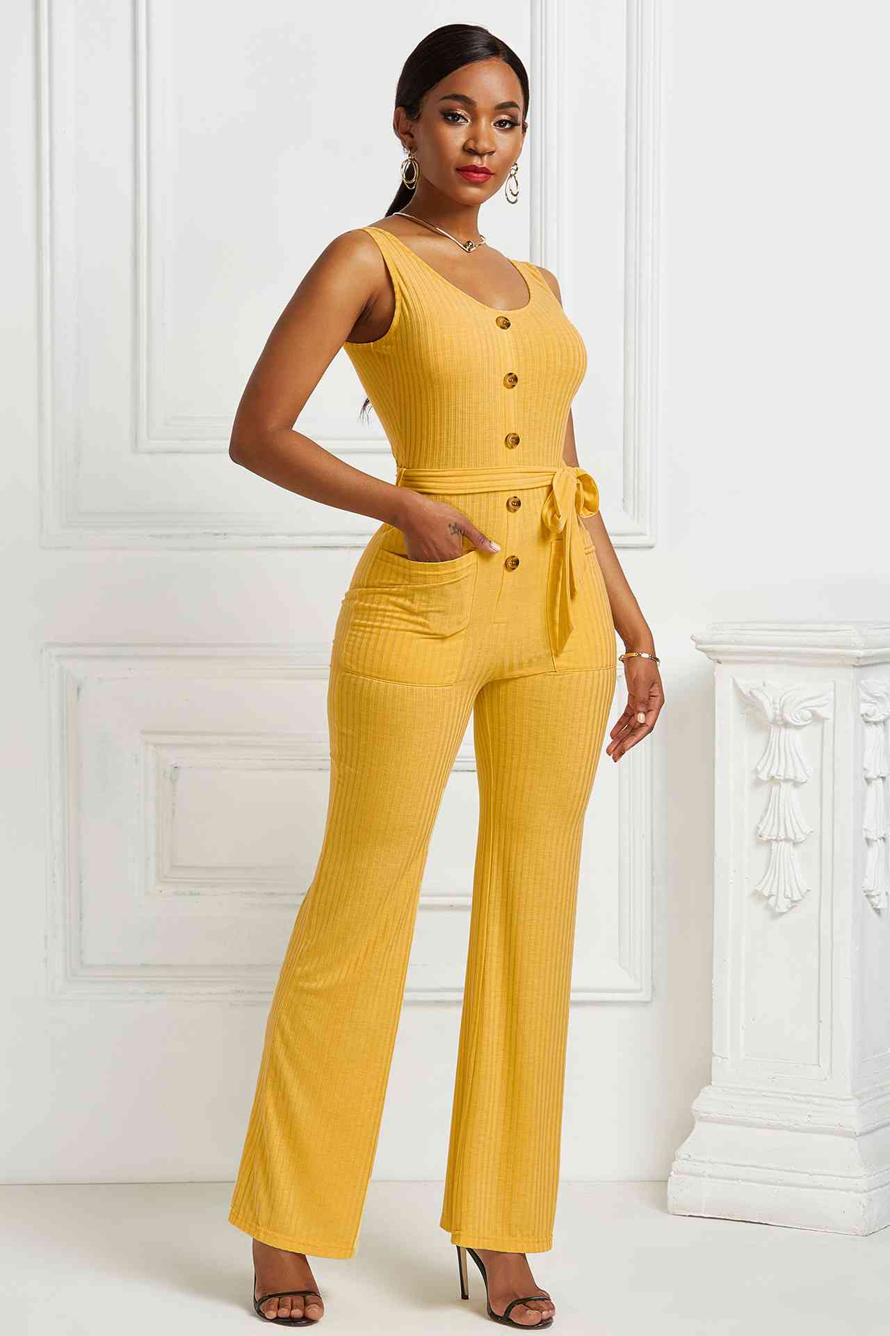 Button Detail Tie Waist Jumpsuit with Pockets Yellow