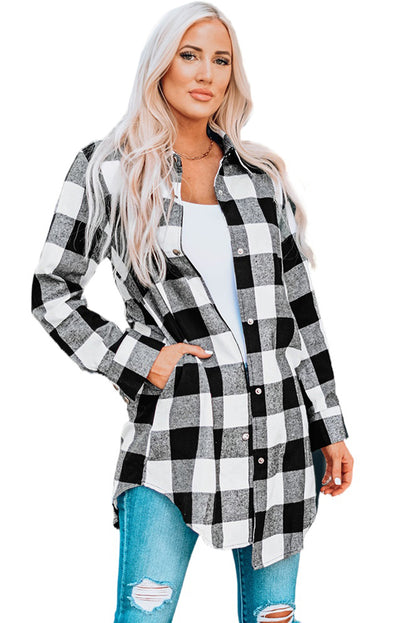 Women's Longline Plaid Shirt Coat with Turn-Down Collar | Classic British Style