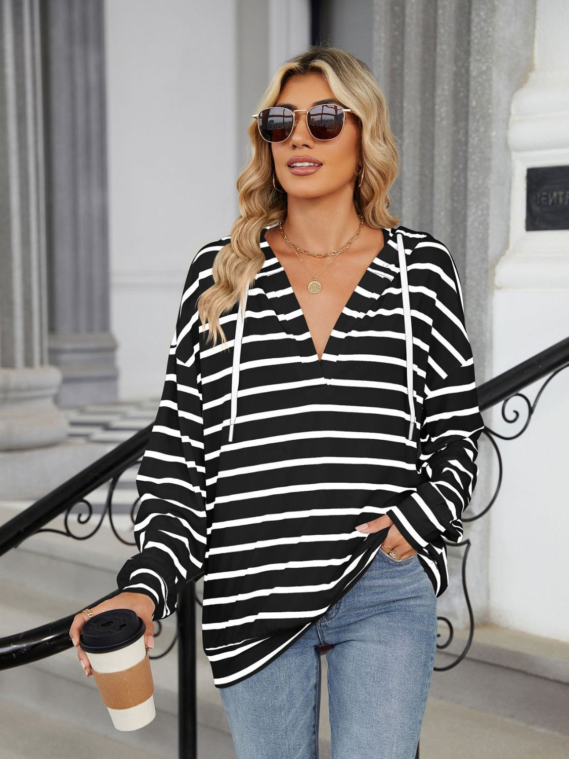 Drawstring Striped Long Sleeve Hoodie Black