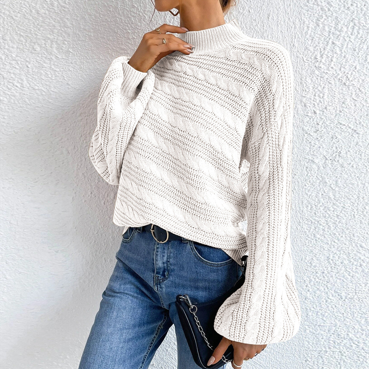 Cable-Knit Mock Neck Long Sleeve Sweater