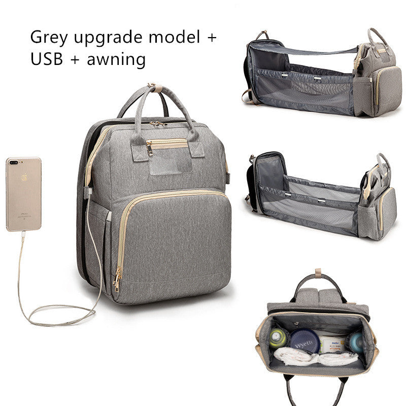 USB Charging Version Mommy Bed Backpack Folding Large Capacity Multi-function Grey B