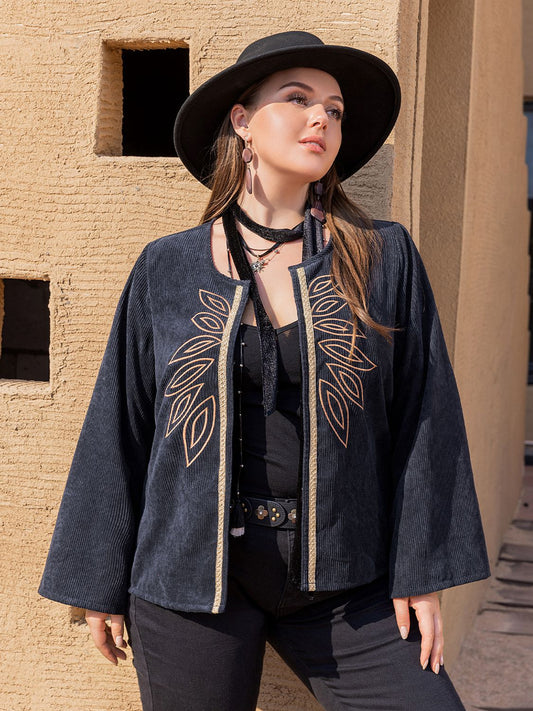 Plus Size Embroidered Open Front Jacket Dark Navy