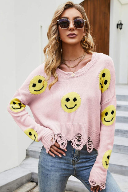 Smiley Face Distressed Round Neck Sweater Pink