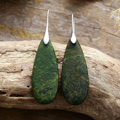 Natural Stone Waterdrop Shape Earrings Silver Green One Size