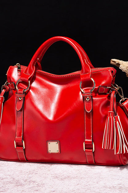 PU Leather Handbag with Tassels Red One Size