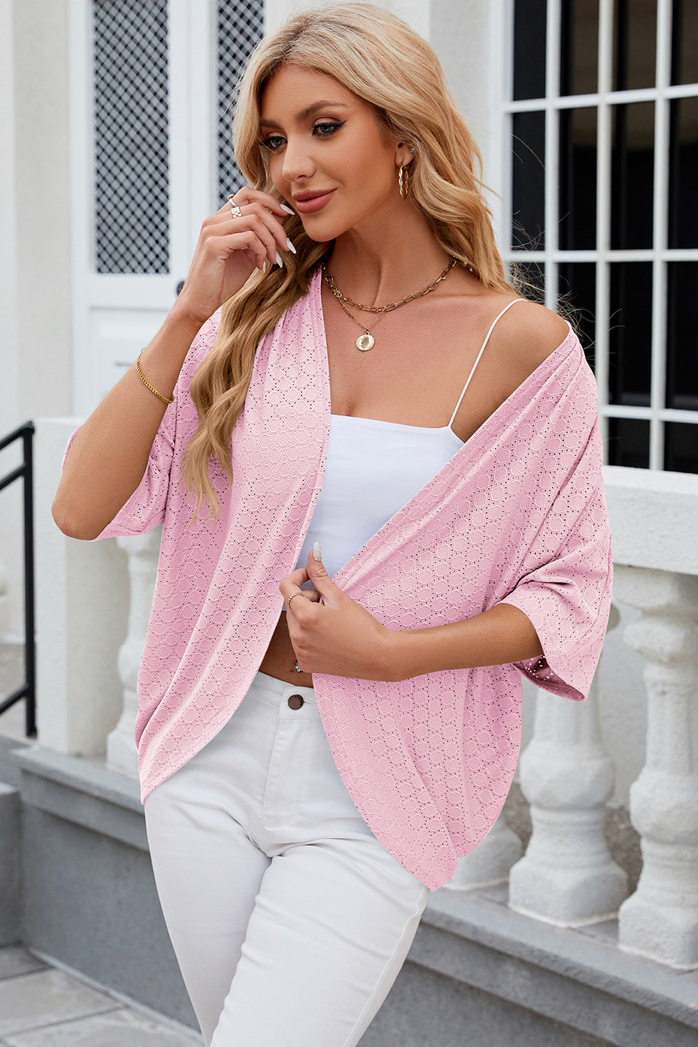 Eyelet Open Front Half Sleeve Cardigan - Thandynie