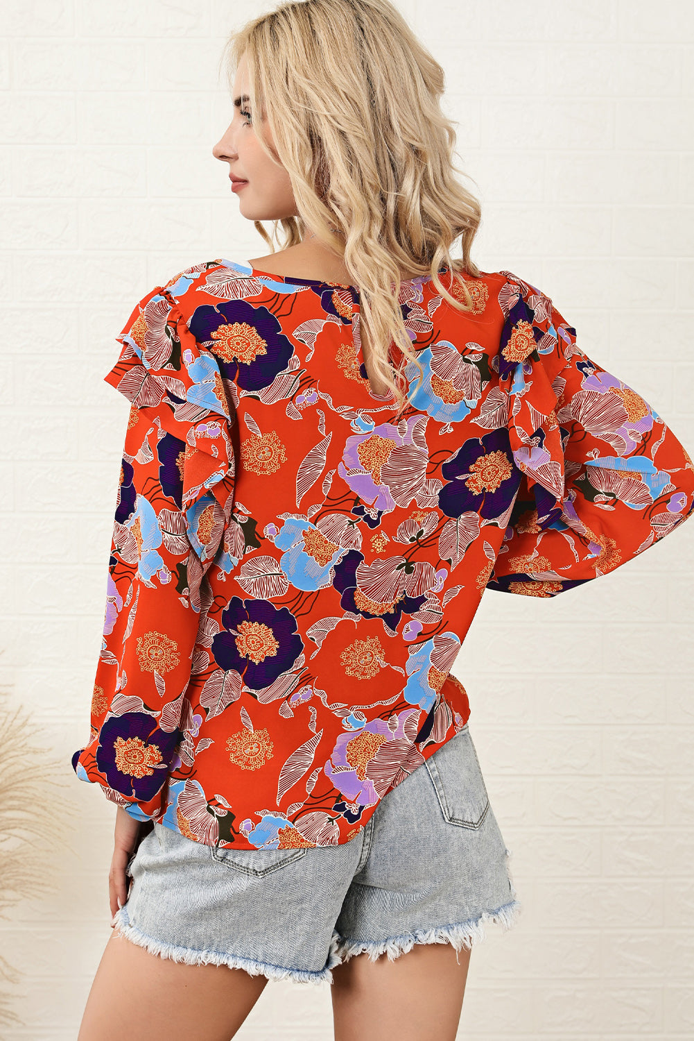 Floral Print Ruffle Puff Sleeve Blouse