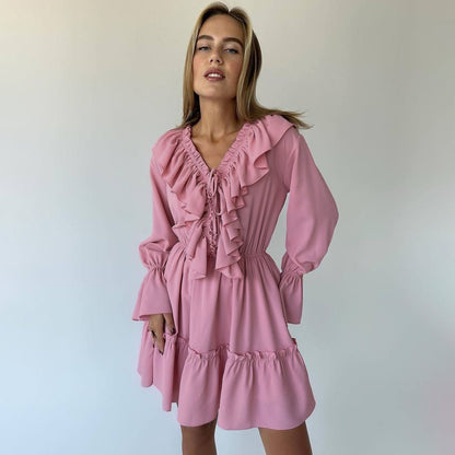 Fashion V Neck Pleated Ruffle Long Sleeve Dress Y2K V Neck Flared Sleeve Short Dress Women's Clothing Pink