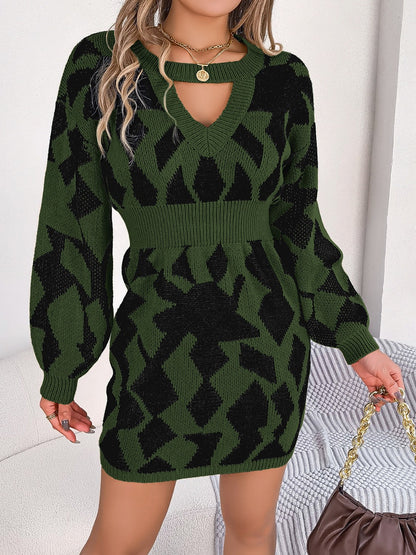 Contrast Round Neck Cutout Long Sleeve Mini Sweater Dress Army Green