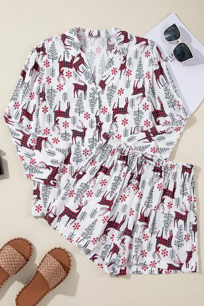 Printed Collared Neck Long Sleeve Top and Shorts Lounge Set