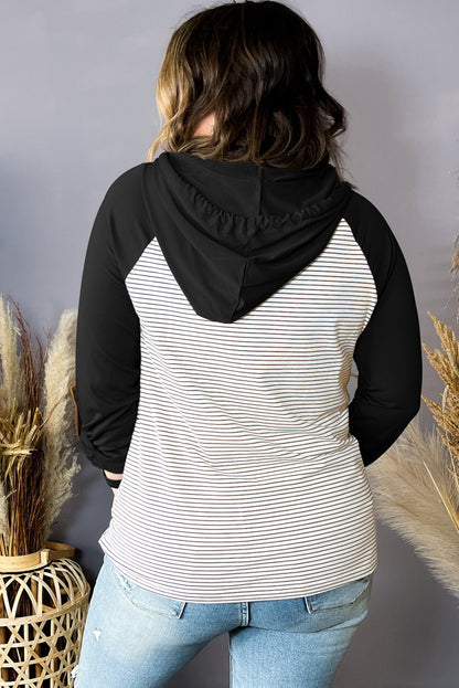 Black Striped Plus Size Hoodie with Raglan Sleeves & Buttoned Chest Pocket