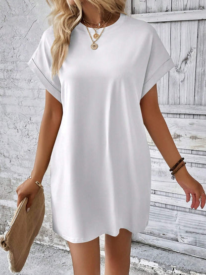 Round Neck Short Sleeve Mini Dress White