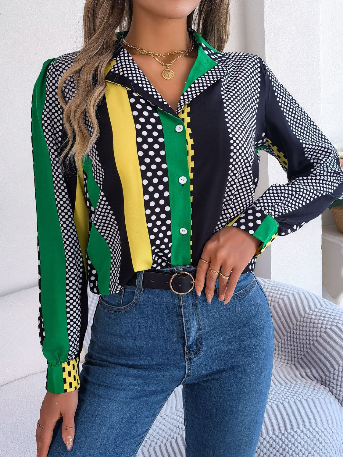 Polka Dot Contrast Long Sleeve Shirt Dark Green