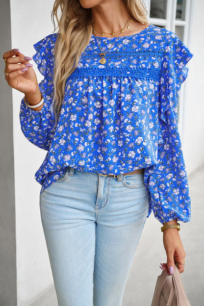 Printed Round Neck Long Sleeve Blouse Cobalt Blue