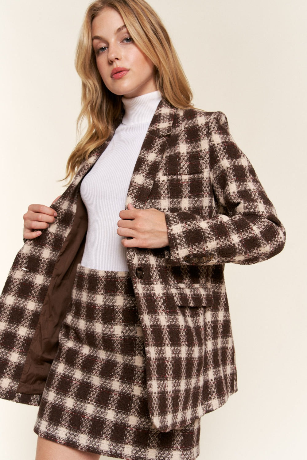 And The Why Full Size Plaid Brushed One Button Blazer Brown