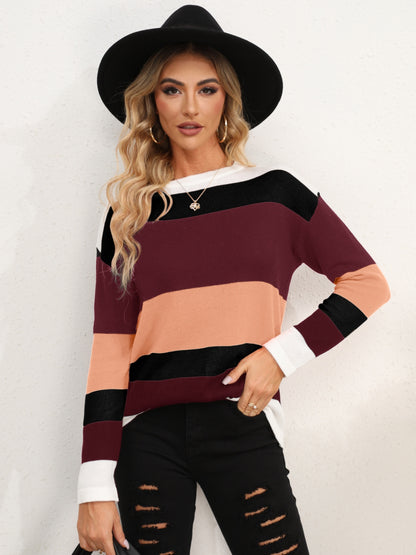 Striped Round Neck Dropped Shoulder Sweater Watermelon pink