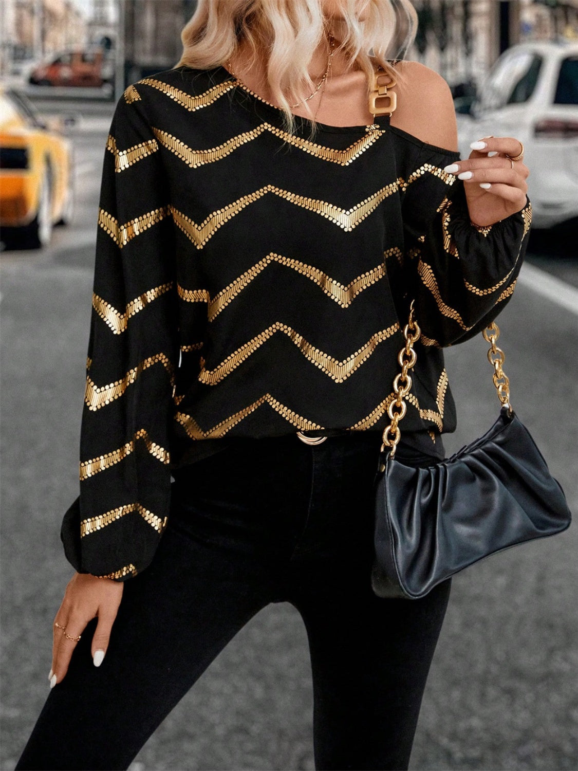 Asymmetrical Neck Cold Shoulder Long Sleeve Blouse Black