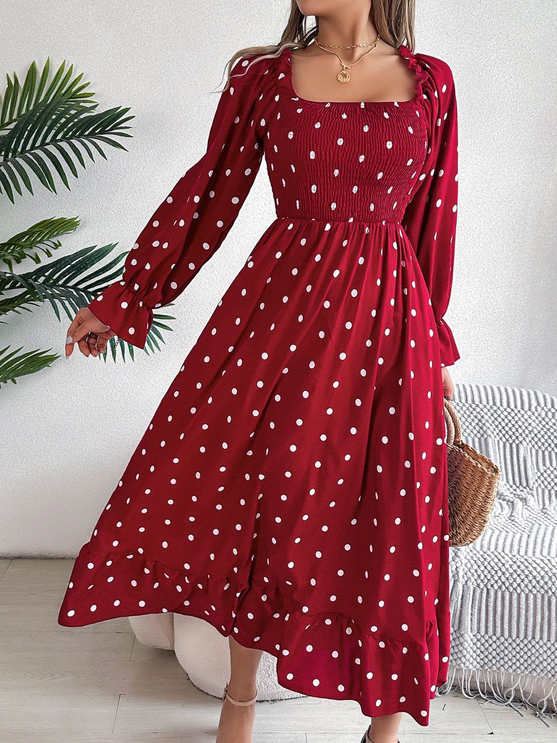 Polka Dot Flounce Sleeve Midi Dress - Thandynie