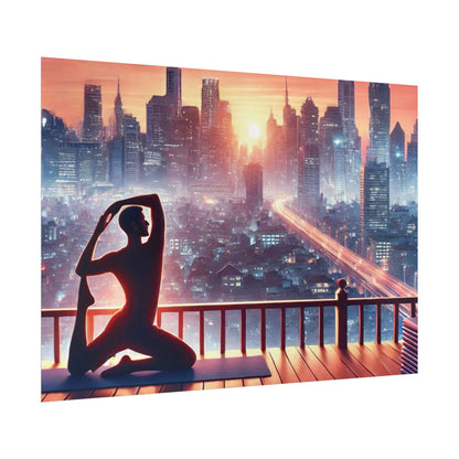 Yoga Poster, Cityscape Sunset Art, Rolled Wall Art, Pink Orange Skyline Decor, Urban Zen Meditation, Rooftop Exercise Print, Relaxation Gift