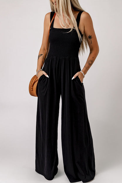 Smocked Square Neck Wide Leg Jumpsuit with Pockets Black