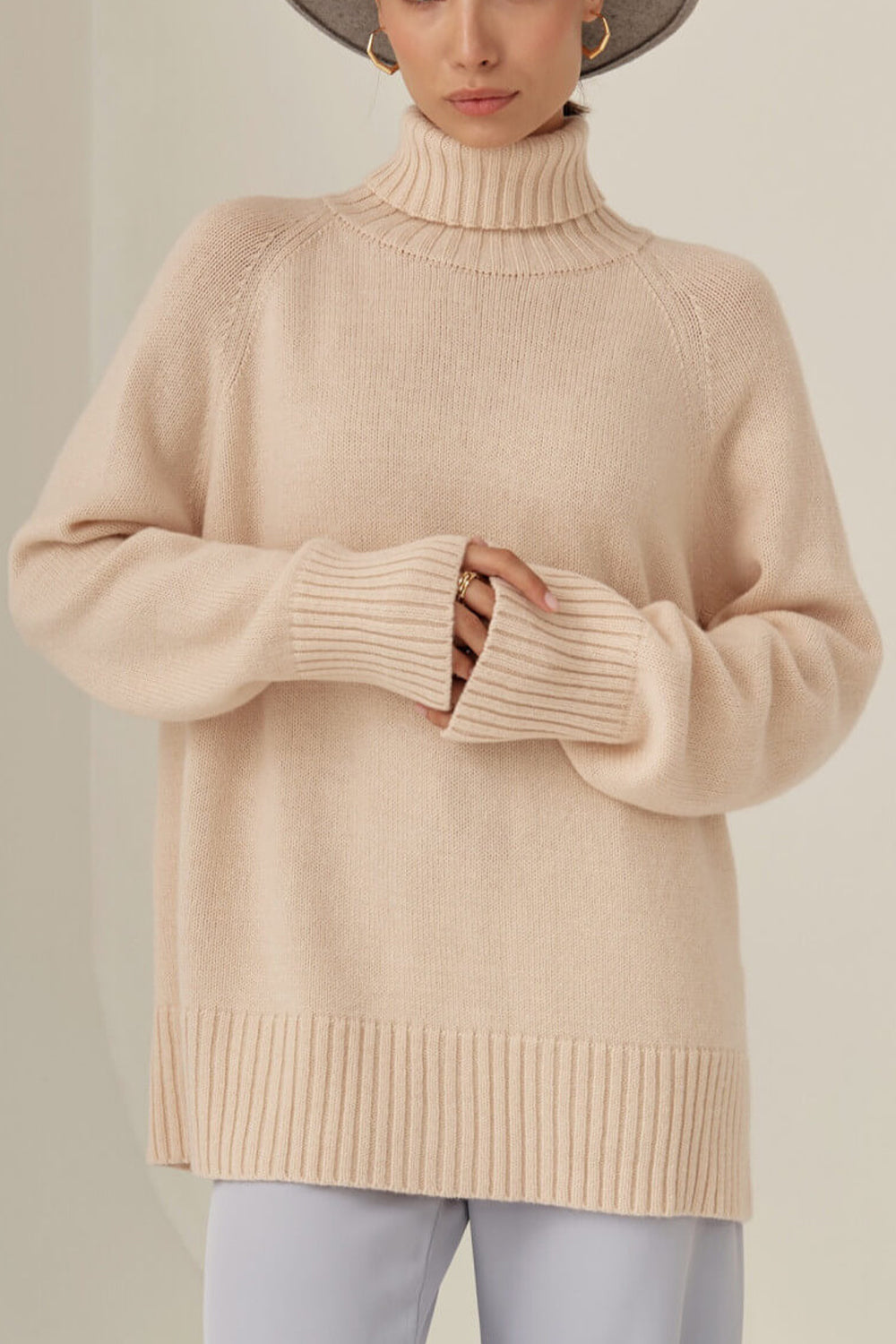 Turtle Neck Raglan Sleeve Sweater Sand