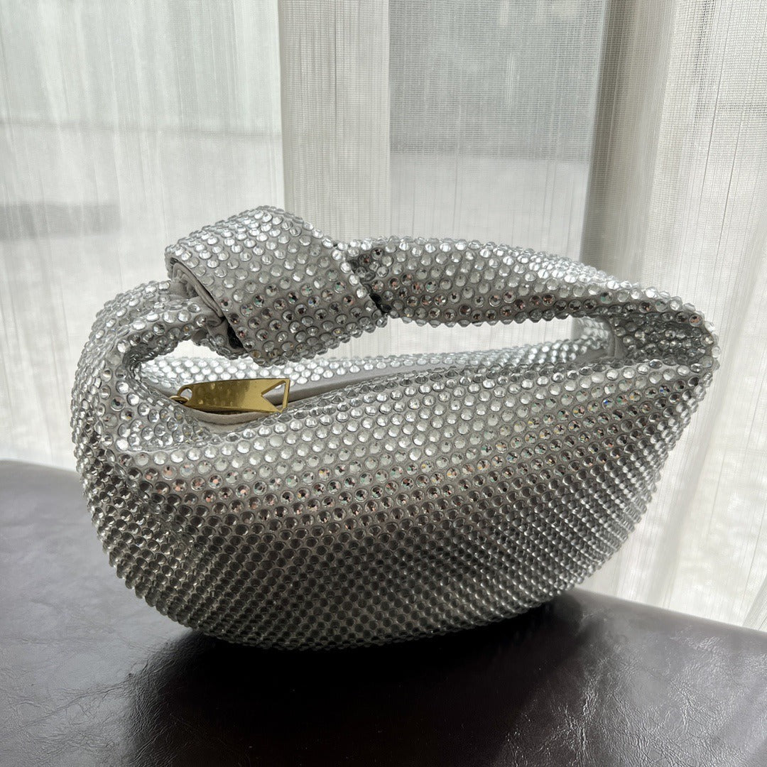 Crystal Diamond-Inlaid Half Moon Underarm Bag | Elegant Canvas Small Bag with Knots Silver 27cm*13cm*10cm