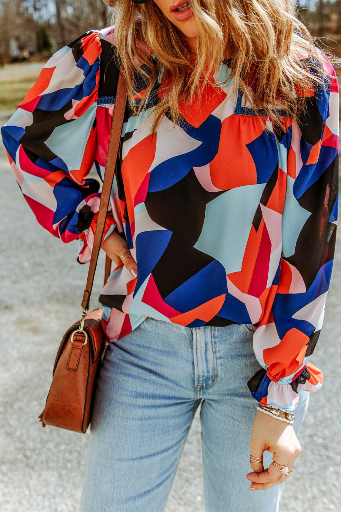 Abstract Pattern Crewneck Ruffled Puff Sleeve Blouse Purple