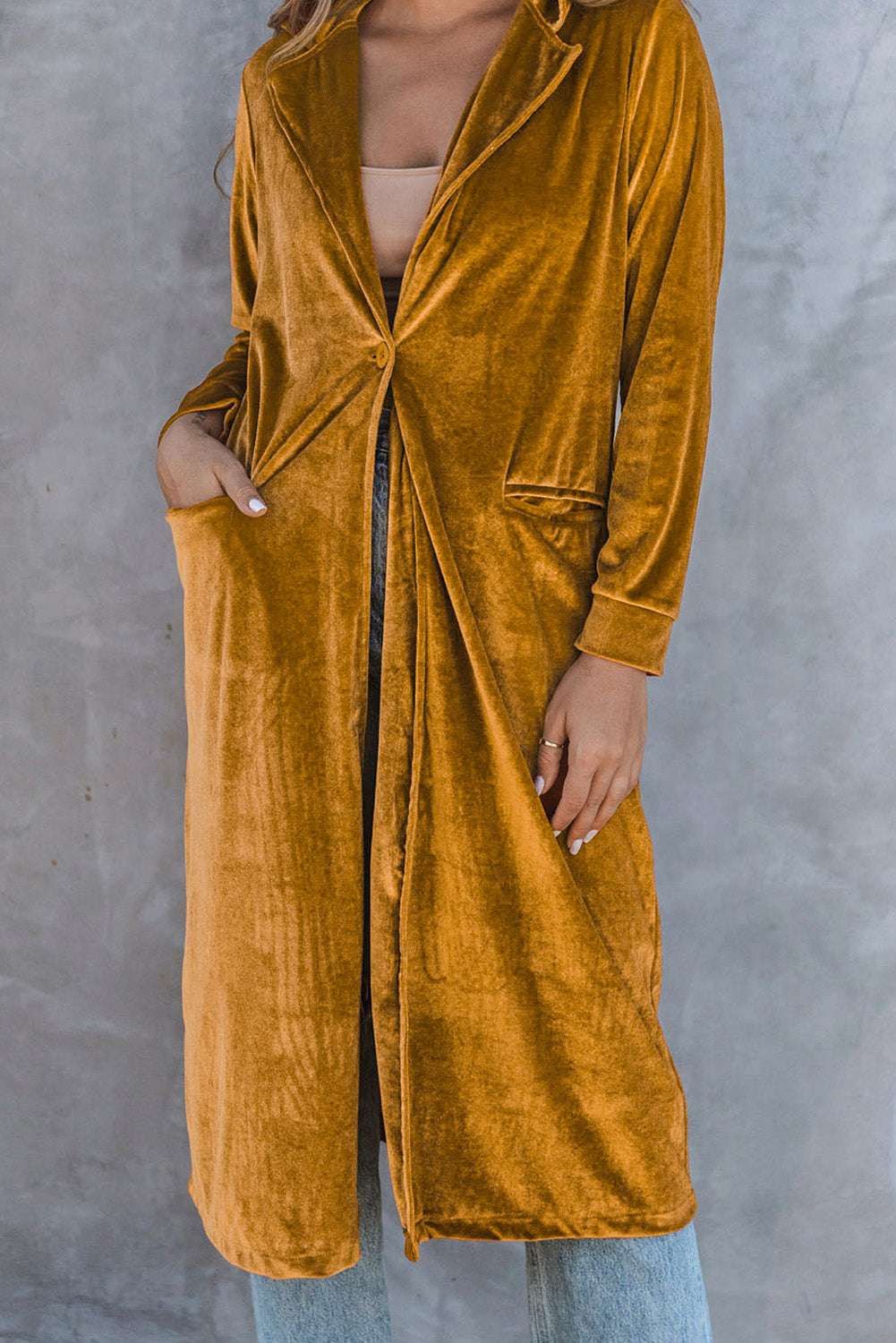 Yellow Retro Velvet Long Sleeve Pocket Coat