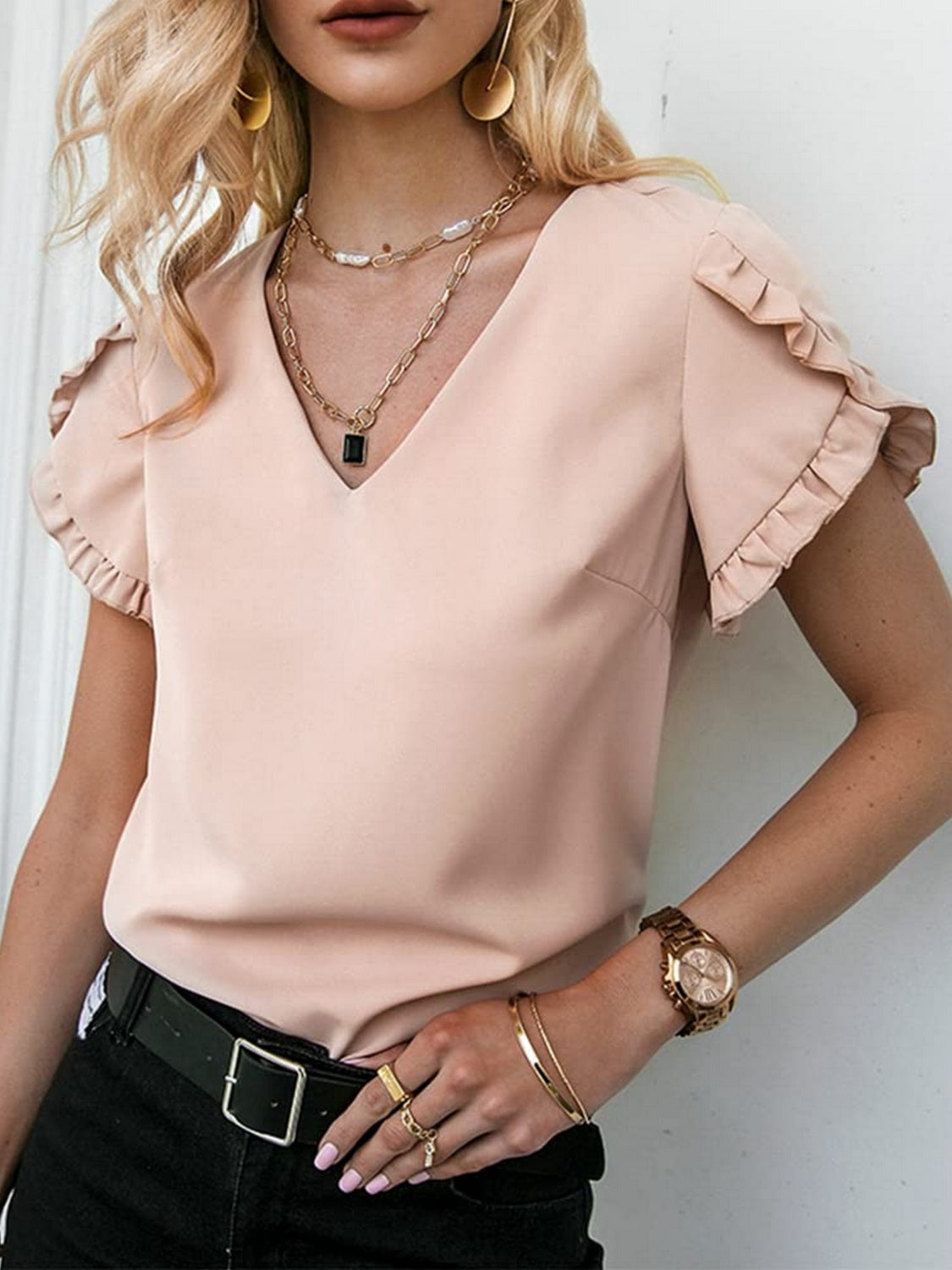 Frill V-Neck Short Sleeve Blouse - Thandynie