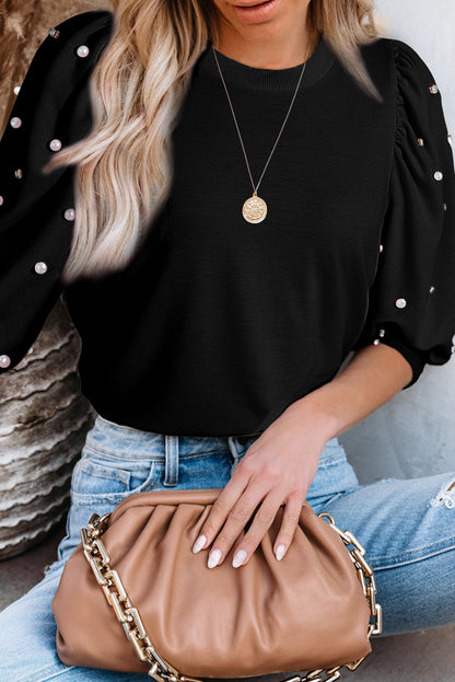 Pearl Detail Round Neck Half Sleeve Blouse Black