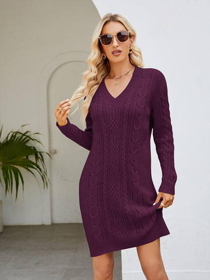 Cable-Knit V-Neck Mini Sweater Dress Wine