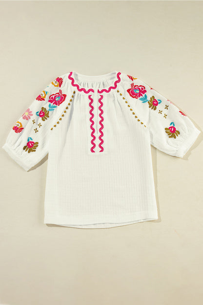 Embroidered Notched Half Sleeve Blouse Ivory