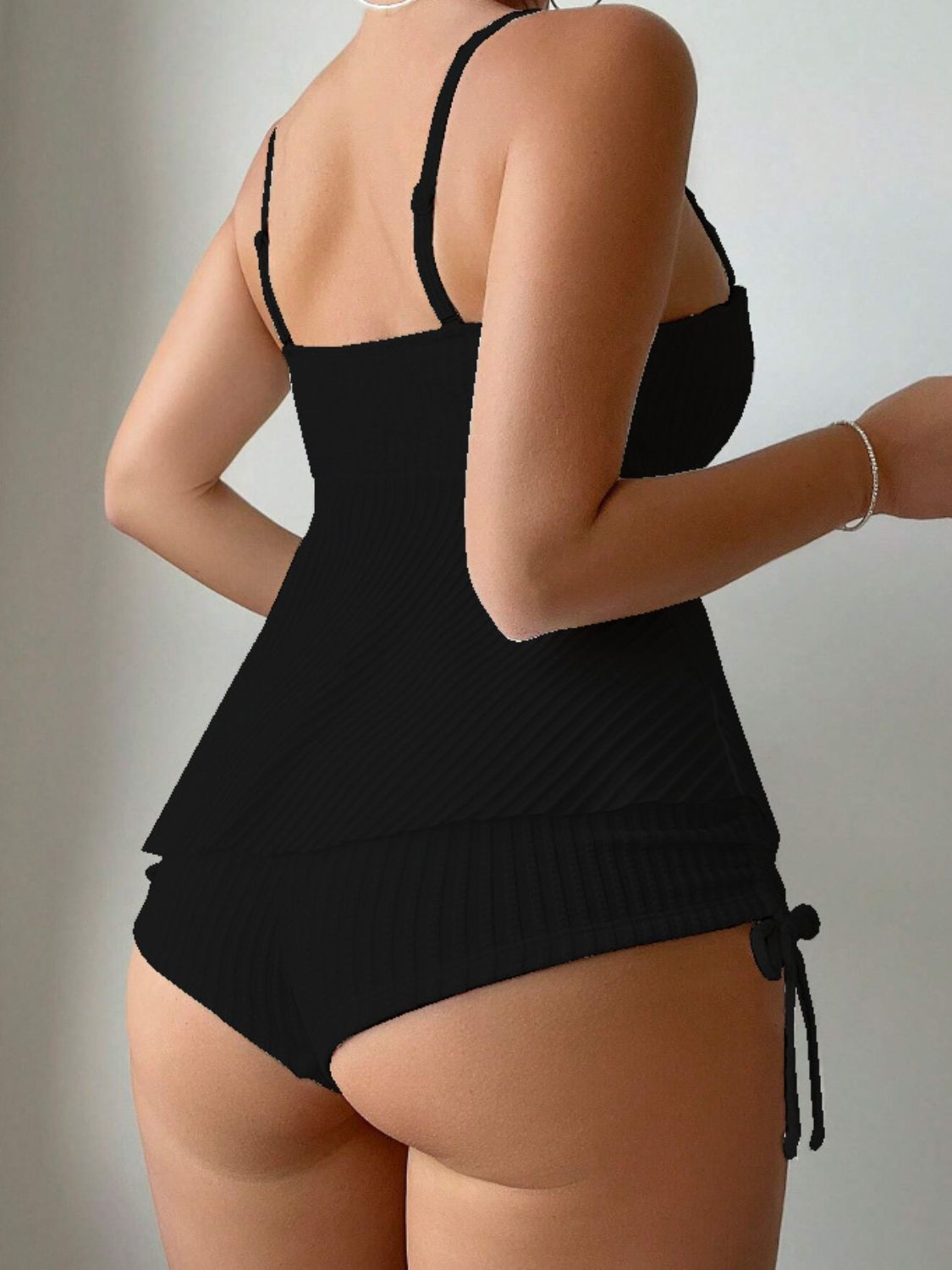 Textured Drawstring Spaghetti Strap Two-Piece Swim Set Black