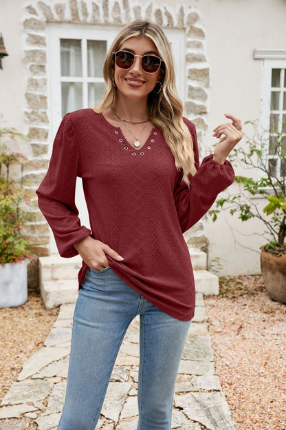 Eyelet Notched Neck Balloon Sleeve Blouse Burgundy