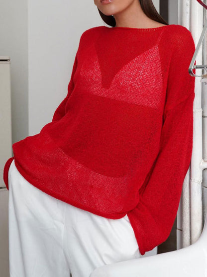 Boat Neck Long Sleeve Knit Cover Up Deep Red