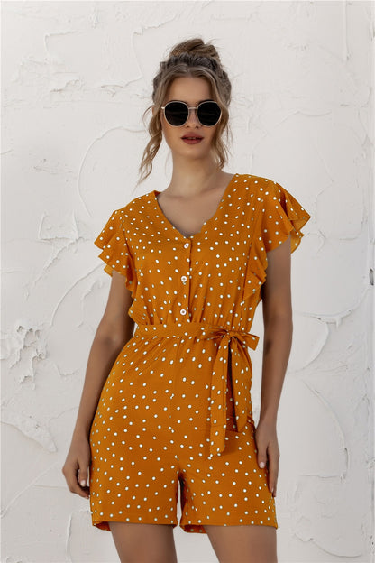 Ruffled Polka Dot Half Button Romper Mustard