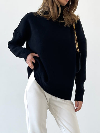 Mock Neck Dropped Shoulder Sweater Black One Size