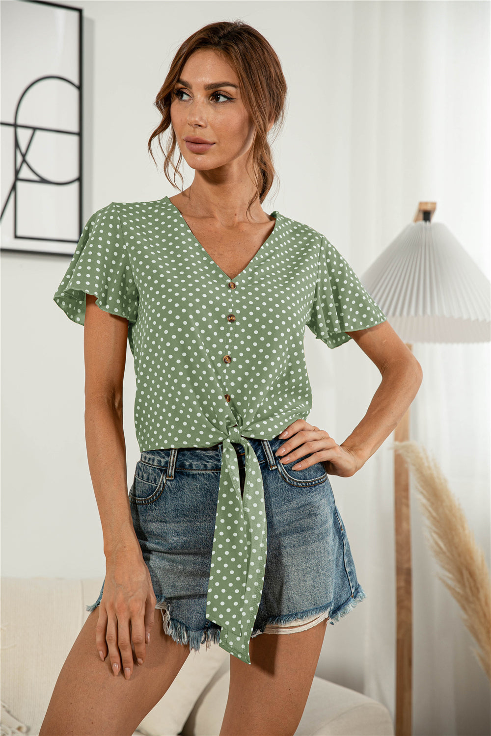 Decorative Button V-Neck Tied Blouse Green Dot