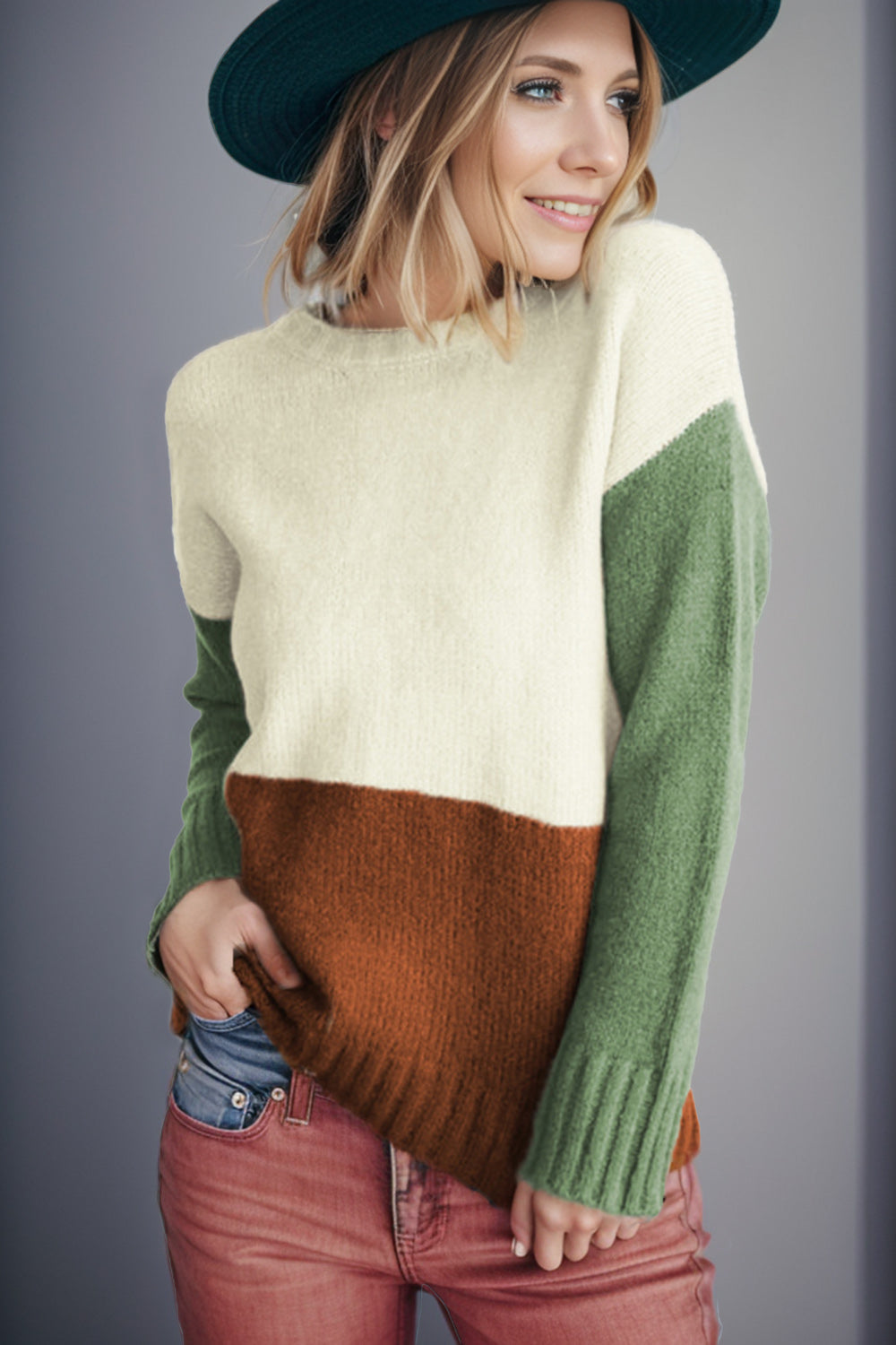 Color Block Round Neck Long Sleeve Sweater Gum Leaf