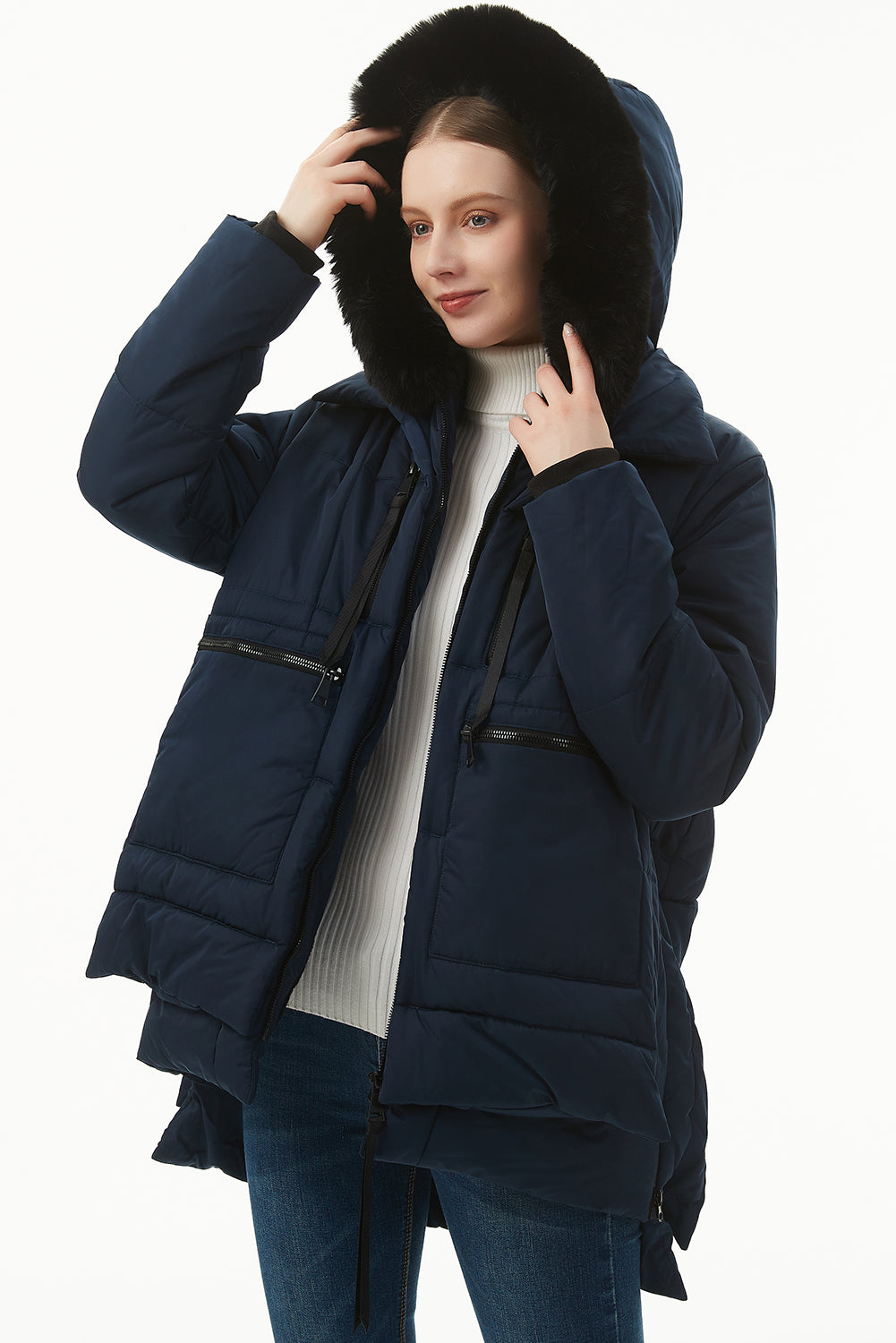 Navy Blue Plush Linen Zip Up Hooded Puffer Coat