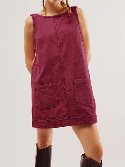 Mandy Round Neck Wide Strap Mini Dress with Pockets Burgundy