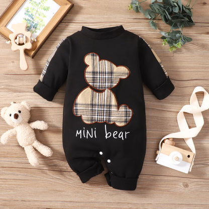 Plaid Patch Bear Long Sleeve Adjustable Overalls Black