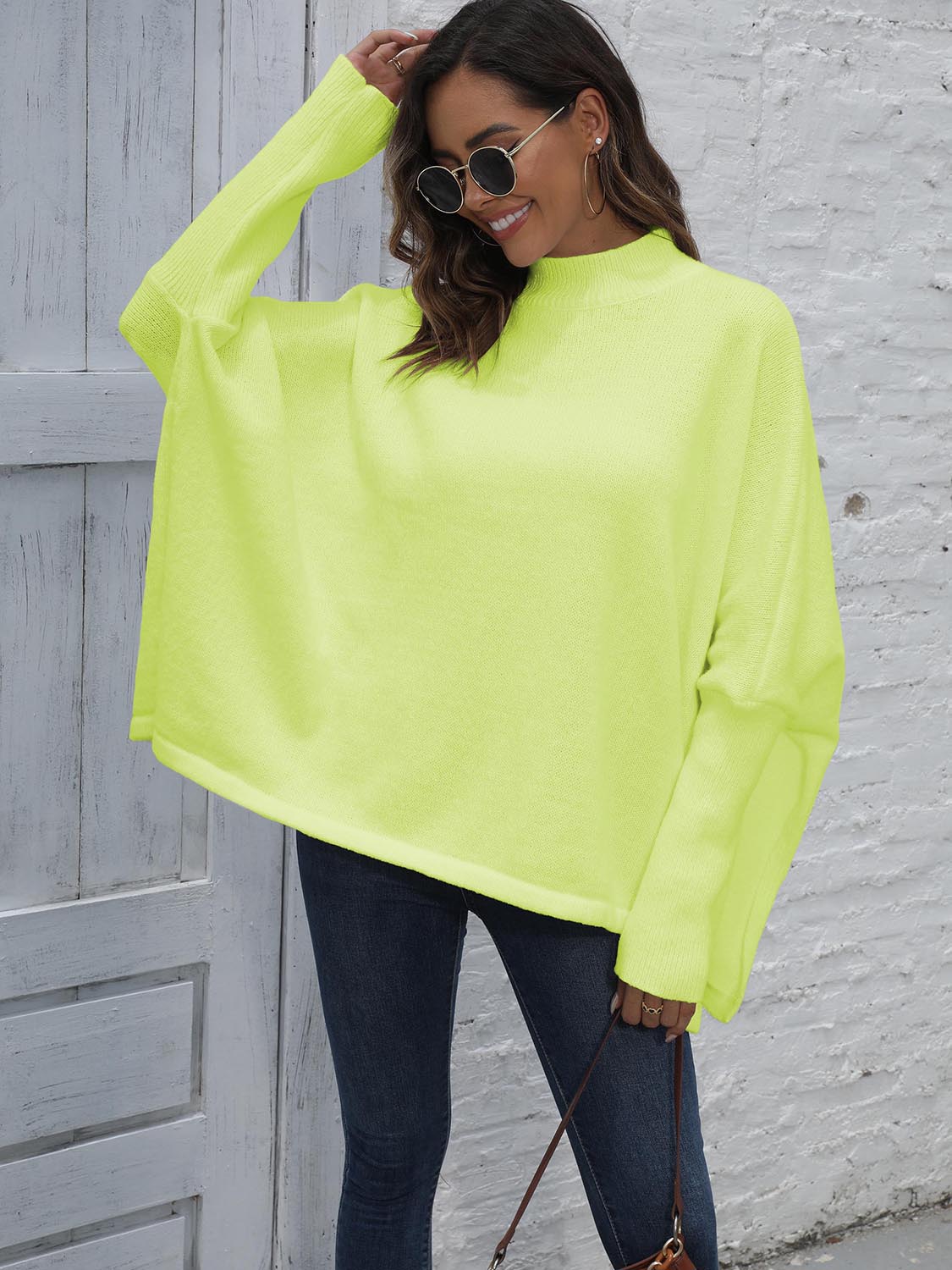 Loose Hem Plain Sweater Lime One Size